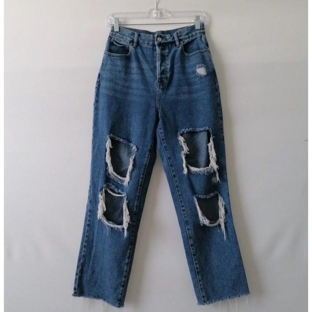 Pacsun Women's Blue Button Distressed High Rise Cotton Denim Straight Jeans 25